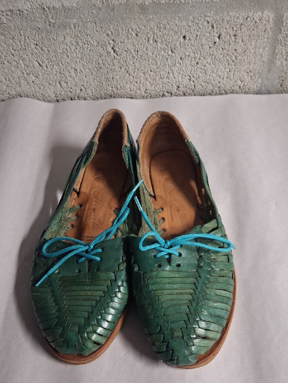 Green Woven Leather Huarache Flats with Turquoise Laces